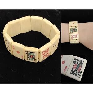 Bone Beaded Bracelet Rectangular Card Beads Vintage #J5282